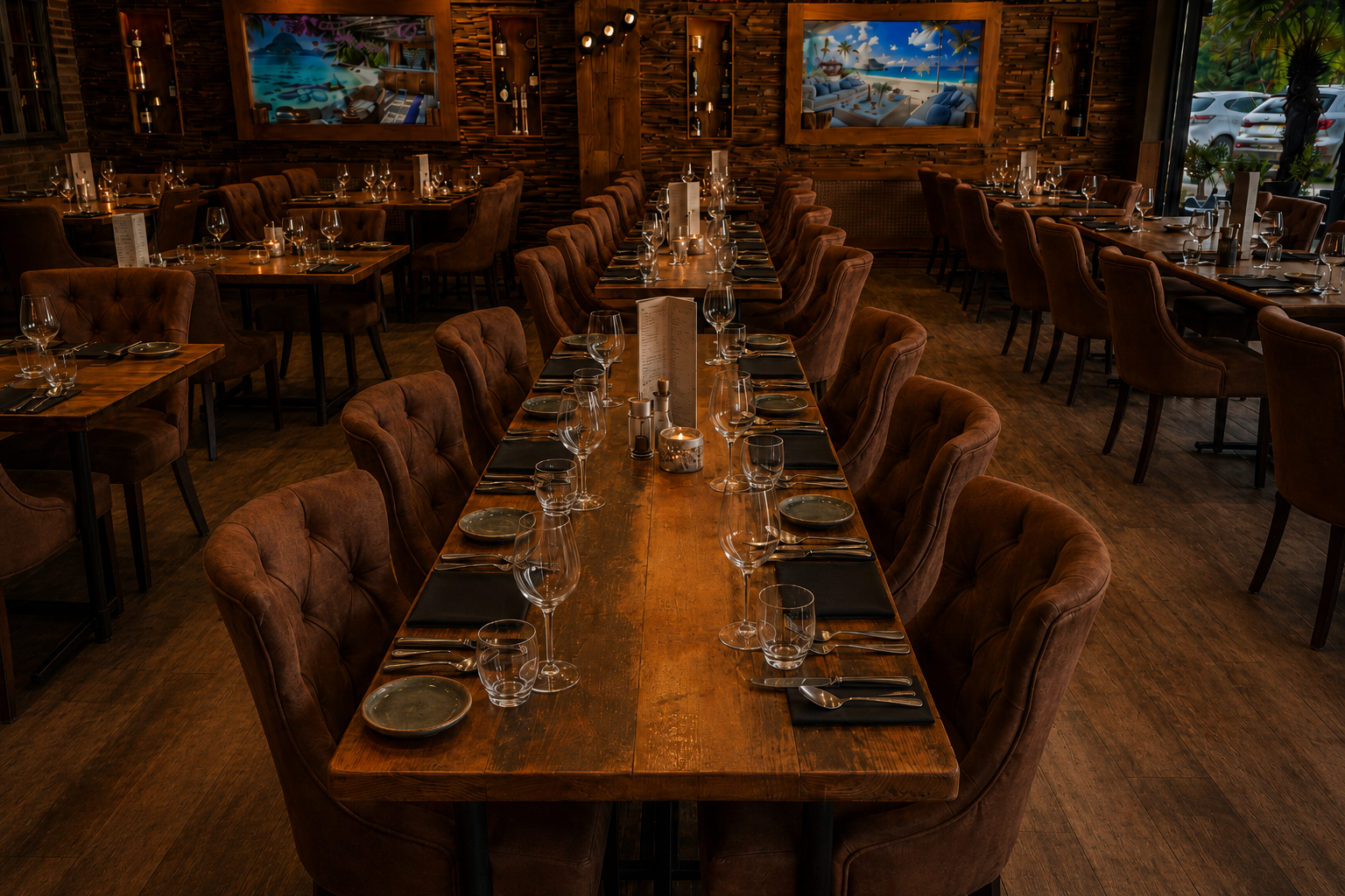 Long celebration table set for a group event with shared plates