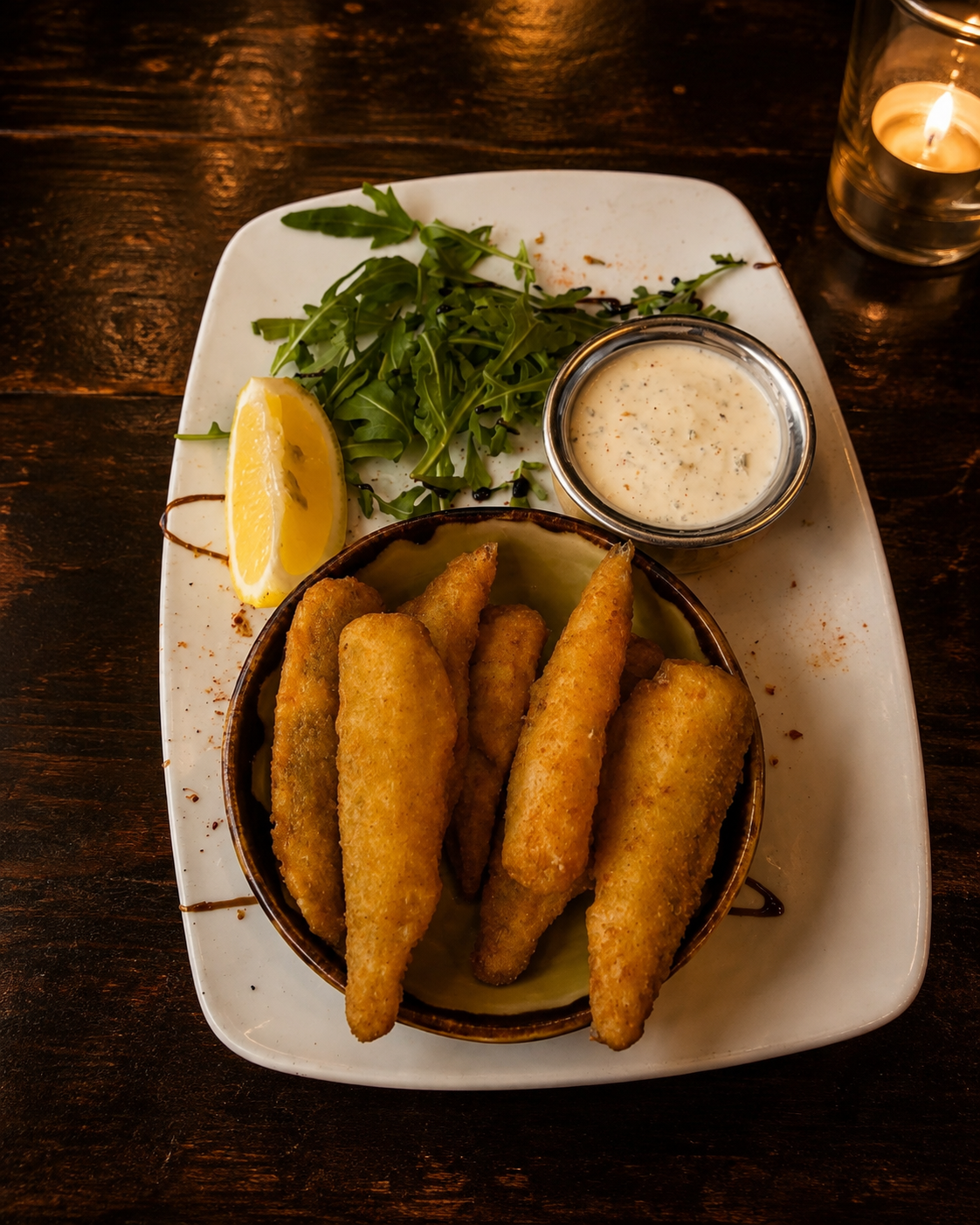Golden fried fish goujons at Gallio