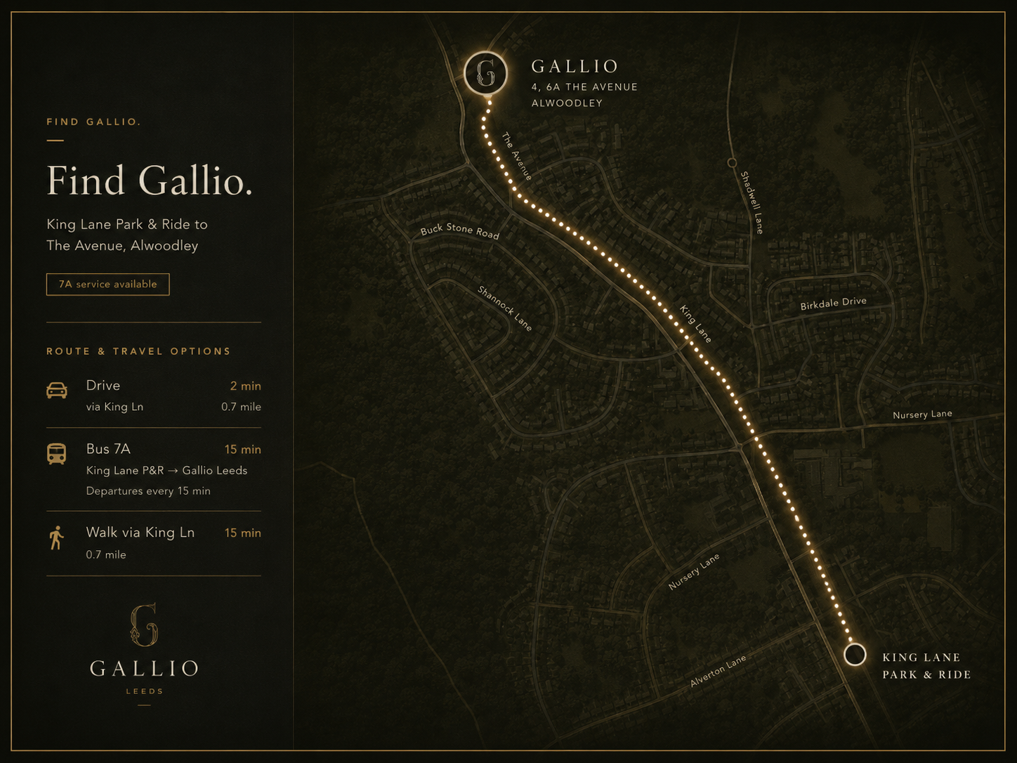 Illustrated route from King Lane Park & Ride to Gallio on The Avenue, Alwoodley